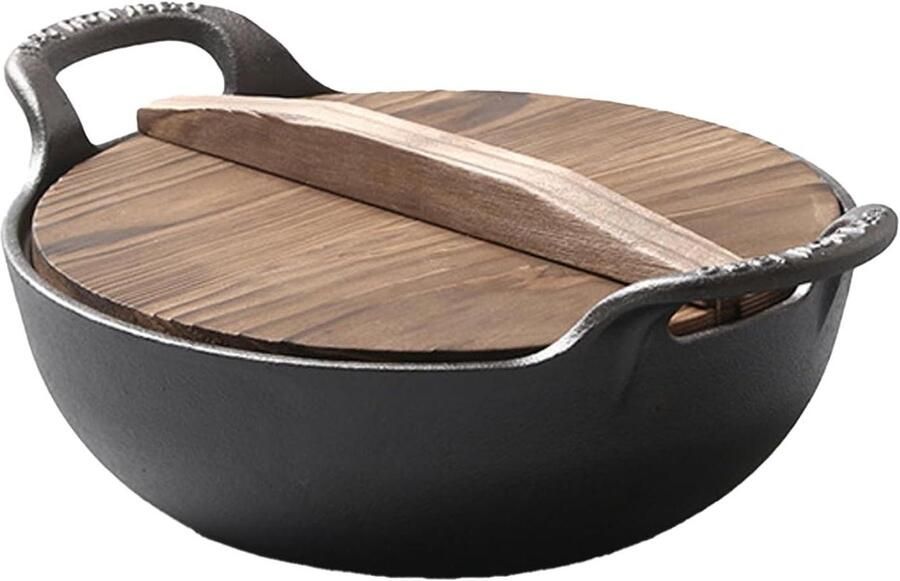 Gietijzeren Wok Roerbakpan Gietijzer Binnen en Buiten Koken Voorgekruid Ontwerp 32 cm Zwart