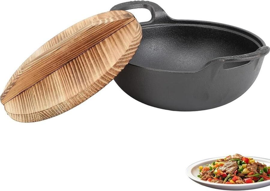 Gietijzeren Wok Roerbakpan Kadai Authentiek Koken Ongecoat Gietijzer 20 cm Zwart
