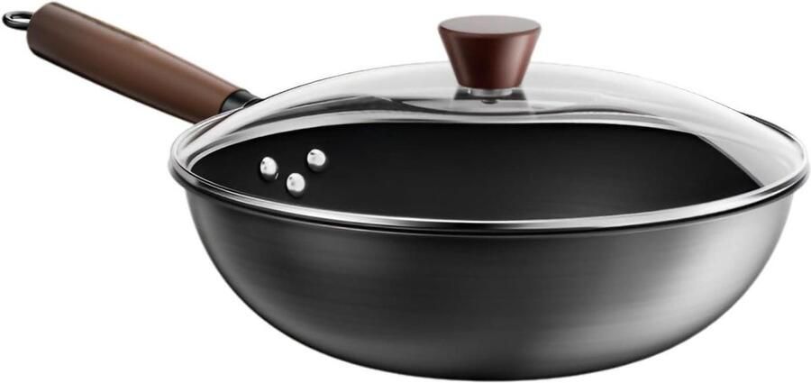 Gietijzeren Wok Roerbakpan Koekenpan Veelzijdig Koken Handgehamerd Ontwerp 30 cm Zwart