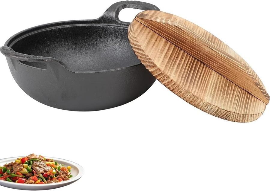 Gietijzeren Wok Roerbakpan met deksel Aziatisch Koken Platte bodem 20 cm Zwart