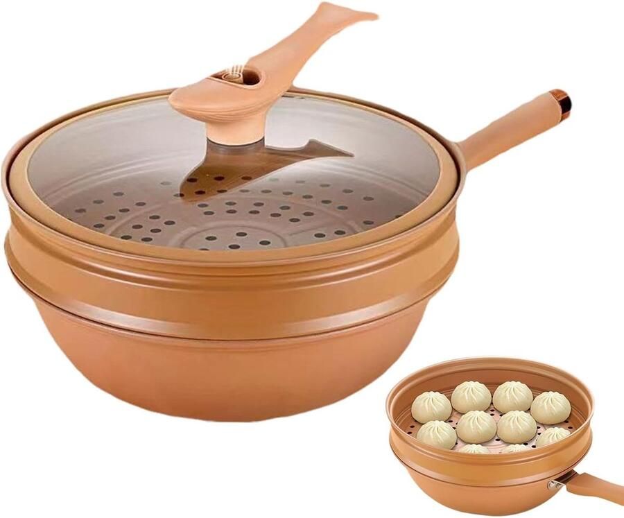 Gietijzeren Wok Roerbakpan met deksel Geurvrij Koken Energieconcentrerende bodem 51 x 32 cm Zwart