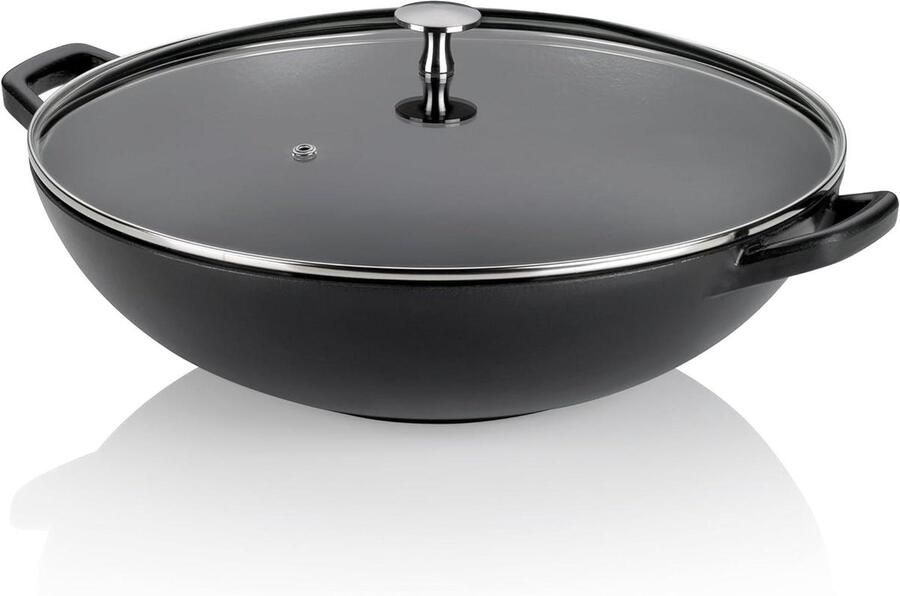 Gietijzeren wok Roerbakpan met deksel Gezond koken Gelijkmatige warmte 36 cm Zwart
