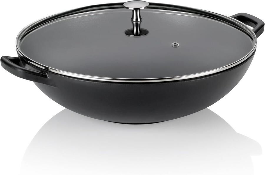 Gietijzeren wok Roerbakpan met deksel Gezond koken Gelijkmatige warmteafgifte 36 cm Zwart