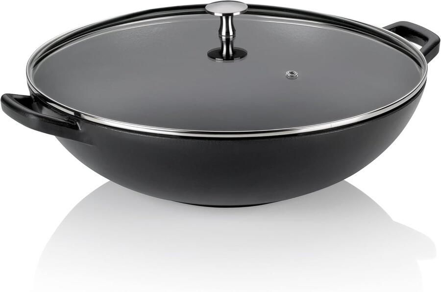 Gietijzeren wok Roerbakpan met deksel Gezond koken Gelijkmatige warmteverdeling 36 cm Zwart