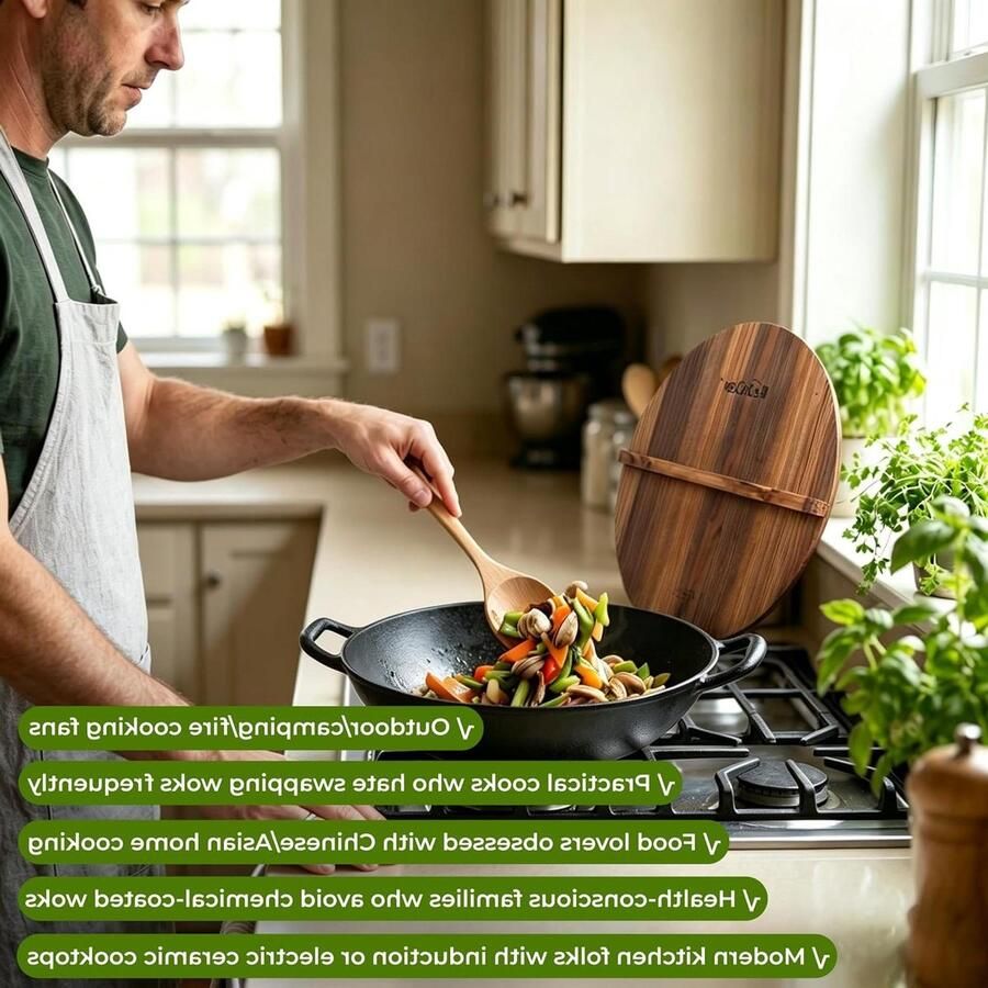 Gietijzeren wok Roerbakpan met deksel Professioneel koken Voorgekruid en niet-toxisch 35 cm 6 liter Zwart