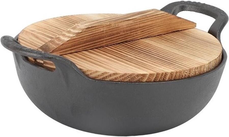 Cryfokt Gietijzeren wok platte bodem 35 cm koekenpan kleine wokpan met houten deksel handgehamerde ijzeren wokset voor grillen frituren stomen (25cm) Cryfokt4tx81sugef-12
