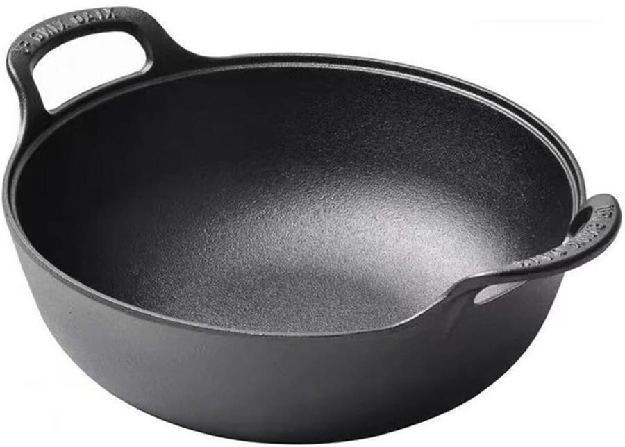 Gietijzeren wok Roerbakpan platte bodem Veelzijdig koken Gelijkmatige warmteverdeling 20 cm Zwart