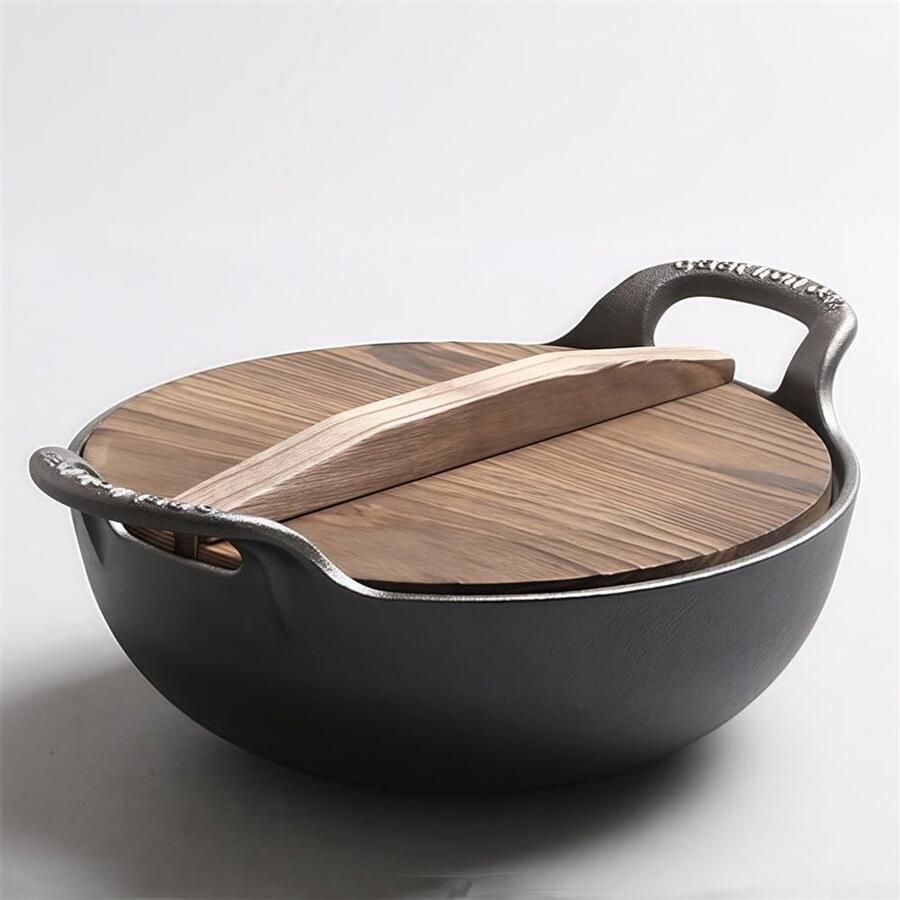 Gietijzeren Wok Roerbakpan Platte Bodem Veelzijdig Koken Uniforme Warmteverdeling 25x25x7cm Zwart