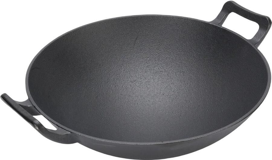 Gietijzeren Wok Roerbakpan Ronde Bodem Authentiek Koken Verdikt Gietijzer 32 Cm Doorsnede Zwart