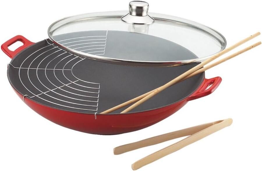 Gietijzeren Wok Roerbakpan Snel Koken Geëmailleerde Afwerking 36 cm Diameter Zwart