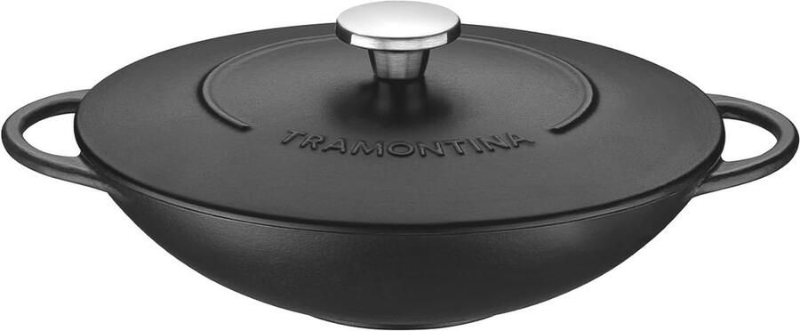 Gietijzeren wok Roerbakpan Snel koken Ovenbestendig 32 cm Zwart