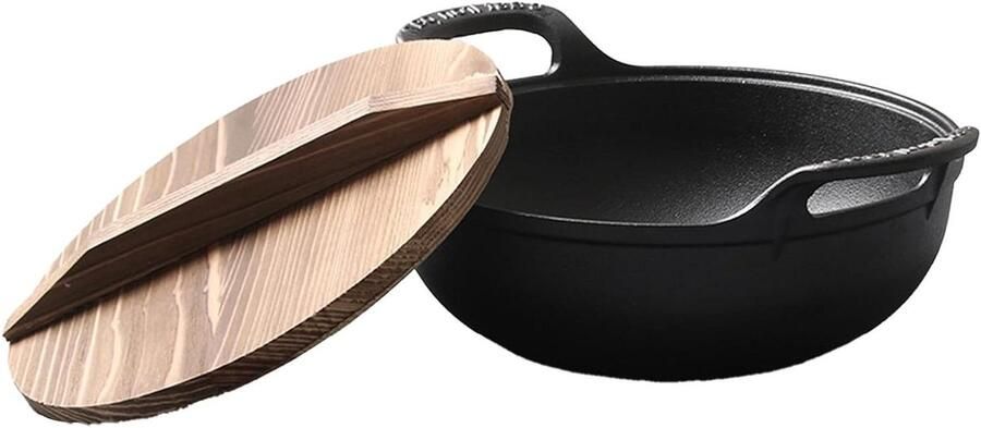 Gietijzeren Wok Roerbakpan Stoofpot Koken en Stomen Ongecoat Antiaanbaklaag 32 cm Zwart