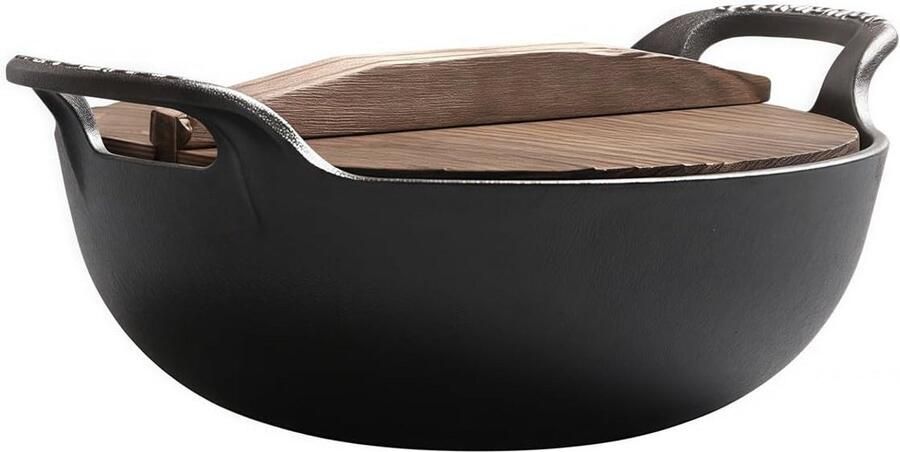 Gietijzeren Wok Roerbakpan Veelzijdig Koken Platte Bodem 20 cm Zwart