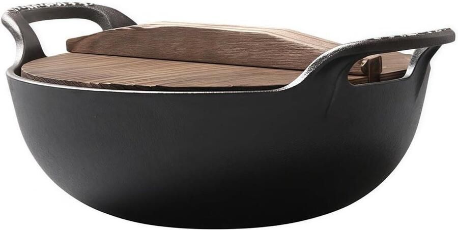 Gietijzeren Wok Roerbakpan Wok Veelzijdig Koken Platte Bodem 22 x 22 x 12 cm Zwart