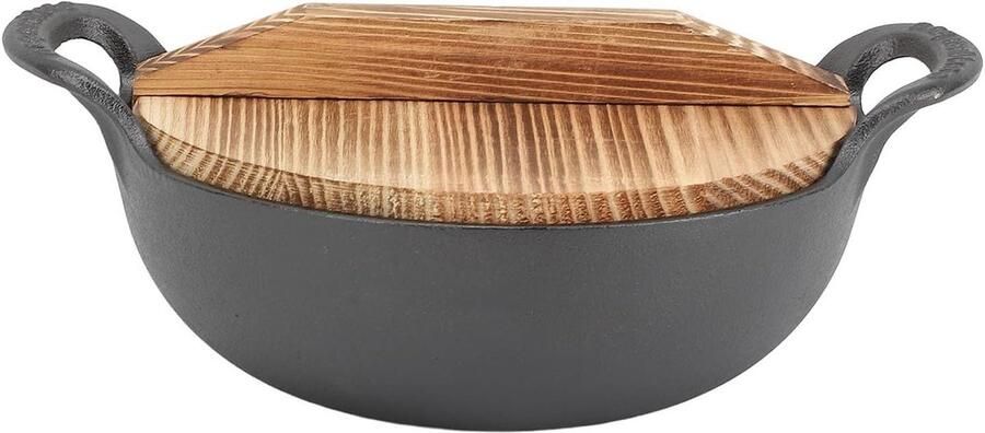 Gietijzeren Wok Vlakke Bodem 14 2 Inch Koekenpan Kleine Wokpan met Houten Deksel Handgehamerde Ijzeren Wokset voor Grillen Braden Stomen (25CM)