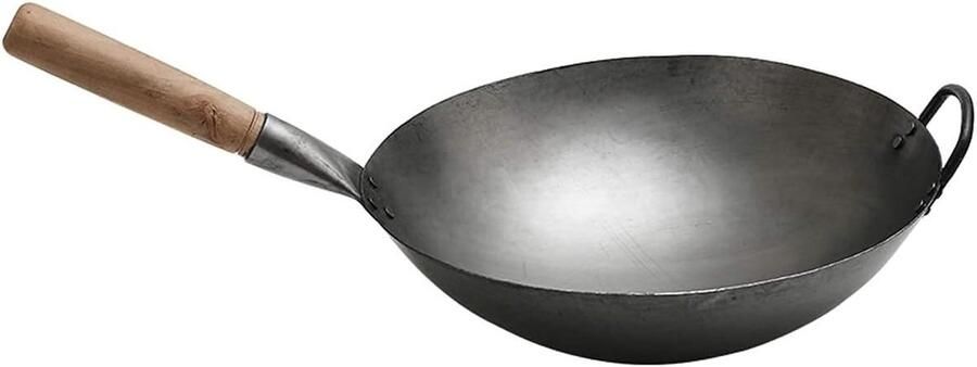 Gietijzeren Wok Wokpan Ronde Bodem Roerbakken en Koken 100% Handgehamerd Ijzer 36 cm Zwart
