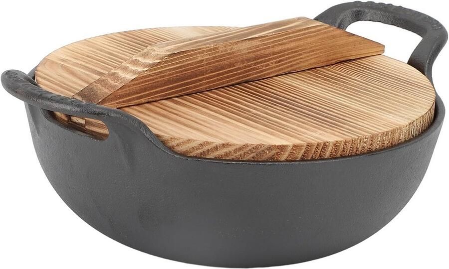 Gietijzeren Wokpan 25cm met Houten Deksel Voor Inductie Gas en Elektrisch Traditioneel Koken