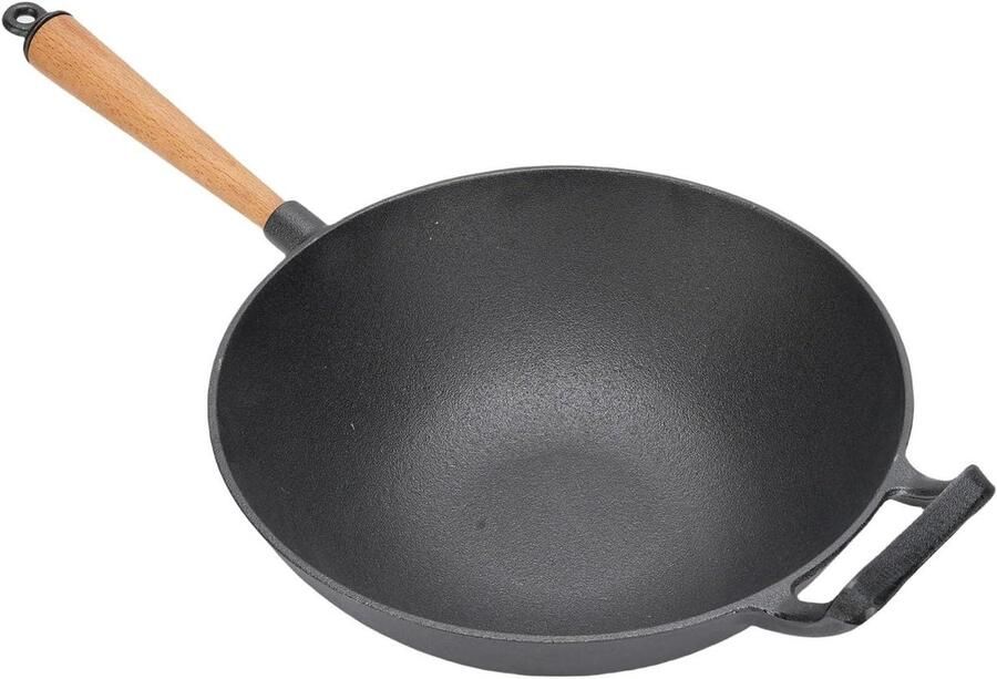 Gietijzeren wokpan Chinese koekenpan Aziatisch koken Platte bodem 30 cm Zwart