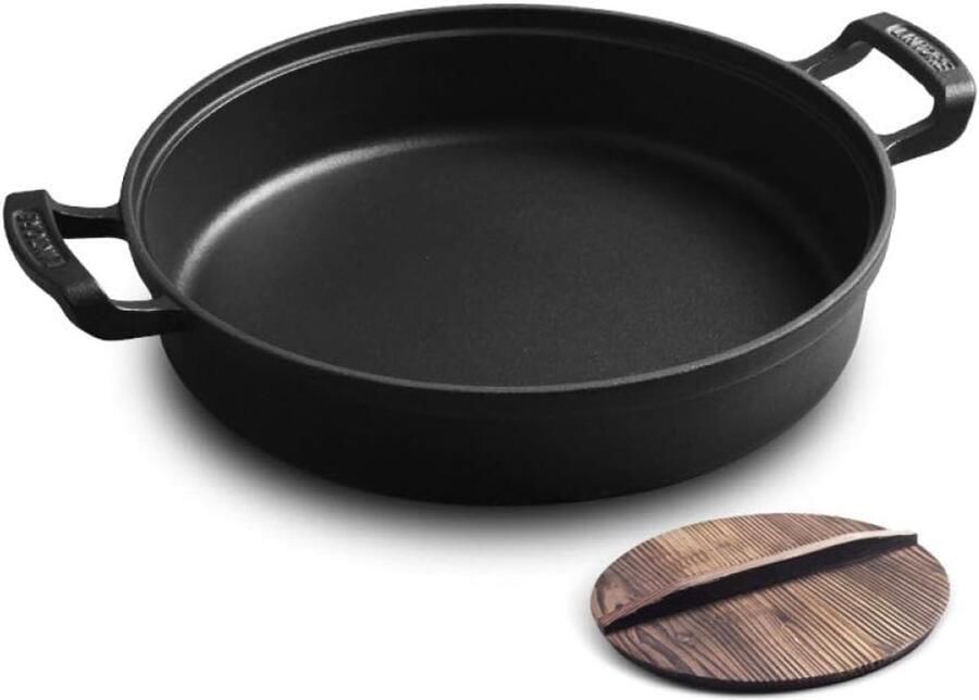 Gietijzeren wokpan Dik koekenpan Koken op gas Houten deksel 33 cm Zwart