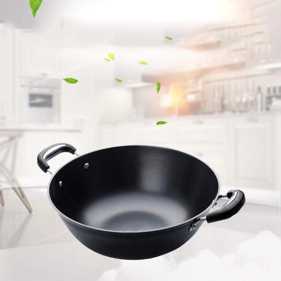 Gietijzeren Wokpan Dubbele Kookpan Stoofpan Gezond Koken Natuurlijke Antiaanbaklaag 38 cm Zwart