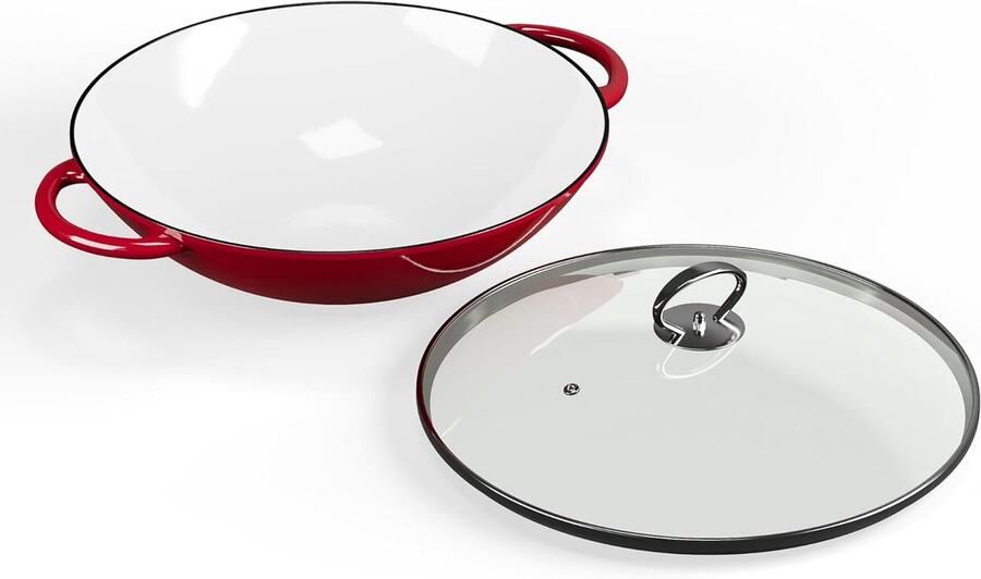 Gietijzeren Wokpan Gecoate pan Veelzijdig Koken Geschikt voor alle fornuizen 46 cm Rood - Foto 2