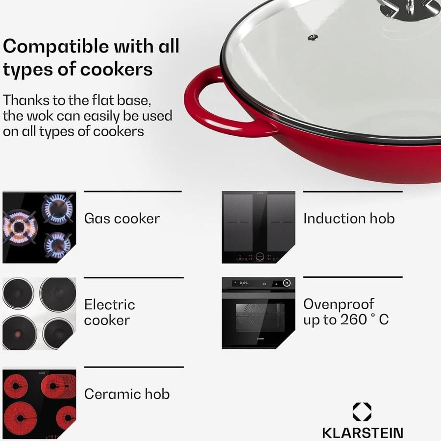 Gietijzeren Wokpan Geëmailleerde Pan Veelzijdig Koken Gelijkmatige Warmteverdeling 46 cm Rood