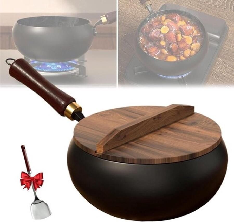 Gietijzeren Wokpan Handgehamerde Wok Antiaanbakpan Authentiek Koken Natuurlijk Antikleefoppervlak 24 cm Zwart