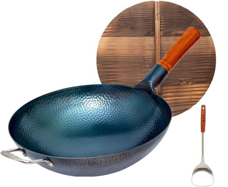 Gietijzeren Wokpan Handgehamerde Koekenpan Traditioneel Koken Met Houten Deksel 36 cm Diameter Zwart