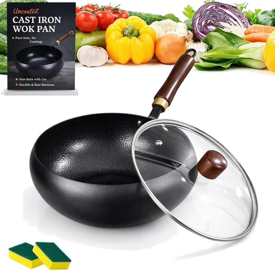 Gietijzeren Wokpan Japanse Koekenpan Gezond Koken Natuurlijke Antiaanbaklaag 26 cm Zwart
