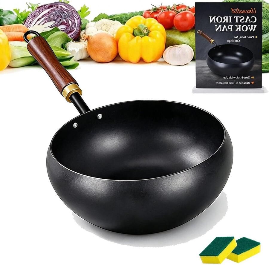 Gietijzeren Wokpan Japanse koekenpan Roerbakken en koken Ongecoat gehamerd ijzer 26 cm Zwart