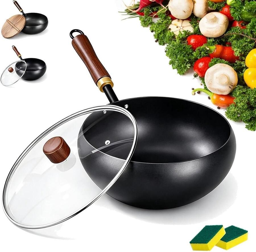 Gietijzeren Wokpan Koekenpan Braadpan Gezond Koken Ongecoat Zuiver IJzer 30 cm Met Glazen Deksel