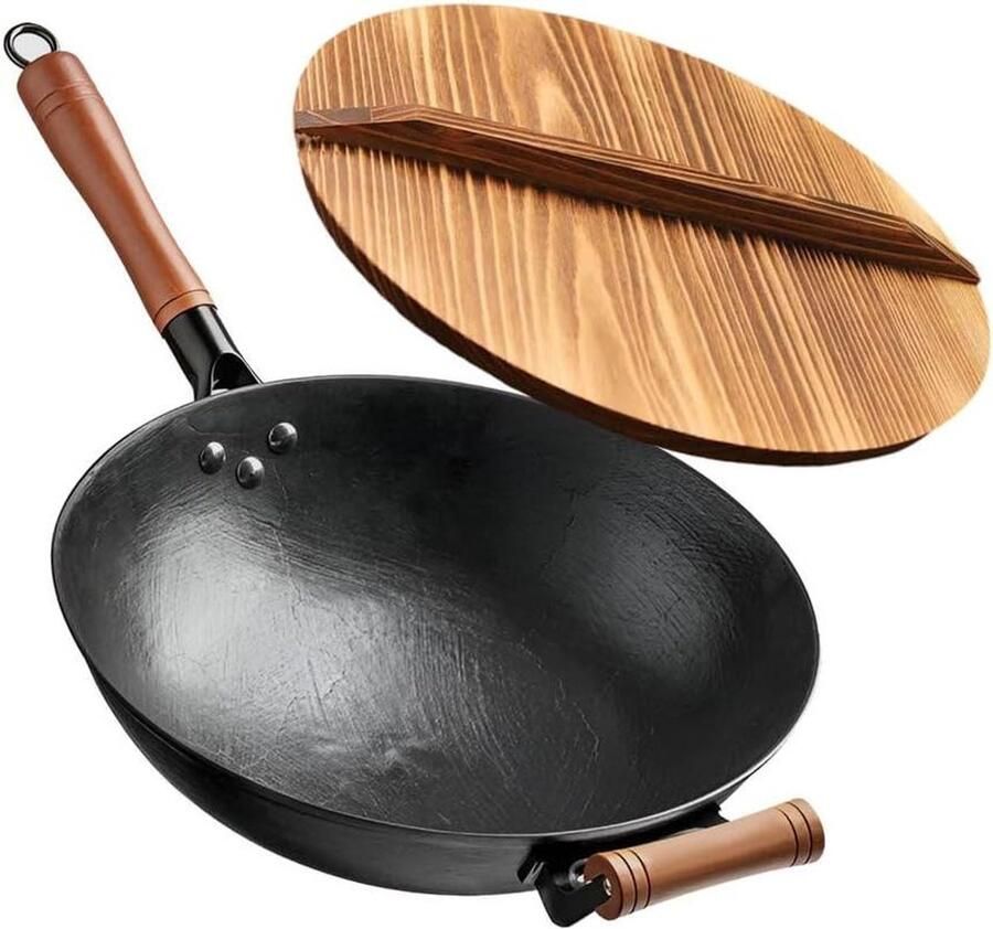 Gietijzeren Wokpan Koekenpan Roerbakpan Veelzijdig Koken Natuurlijk Anti-aanbak 32-36 cm Zwart