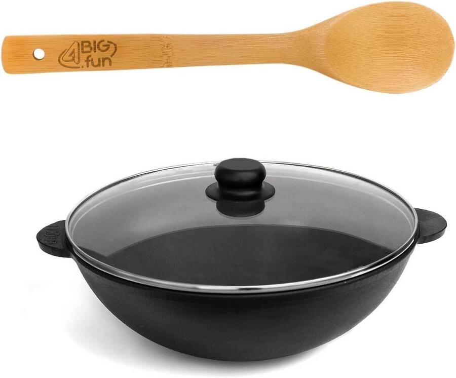 Gietijzeren Wokpan Kookketel met deksel Aziatisch koken Gelijkmatige warmteverdeling 3.7 liter Zwart