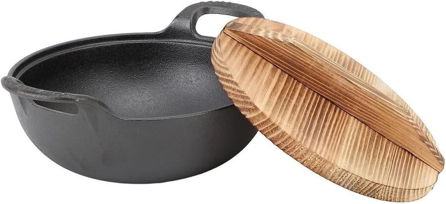 Gietijzeren Wokpan met 2 Handgrepen en Houten Deksel Ongecoate Chinese Traditionele Wok Frituurpan met Platte Bodem voor Elektrisch inductie- en Gasfornuizen voor (20cm)