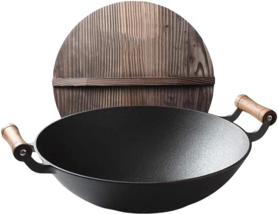 Gietijzeren Wokpan Oude Stijl Wok Koken aan Huis Dik Gietijzer 33 cm Diameter Zwart