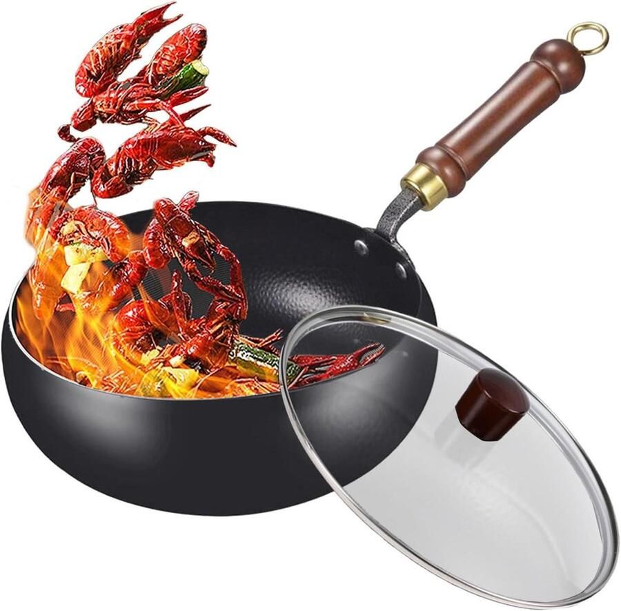 Gietijzeren Wokpan Roerbakpan Deksel Thuis Koken Dynamische Oppervlakte 24 cm Hammerspatroon