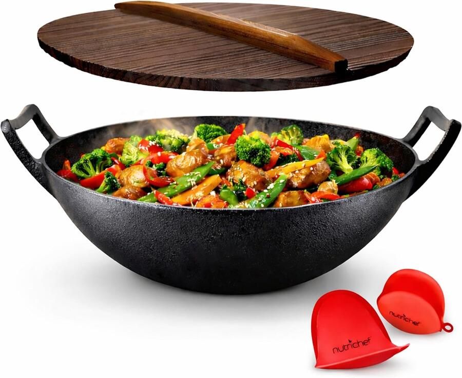 Gietijzeren Wokpan Roerbakpan Deksel Traditioneel Koken Vooraf Geseased 55 Liter Inhoud Zwart
