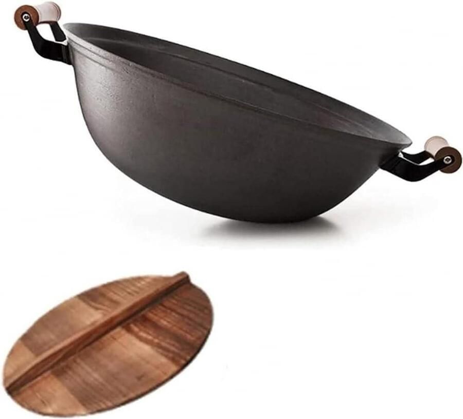 Gietijzeren Wokpan Roerbakpan Dubbel Oor Aziatisch Koken Ongecoat Dikke Bodem 38 cm Zwart