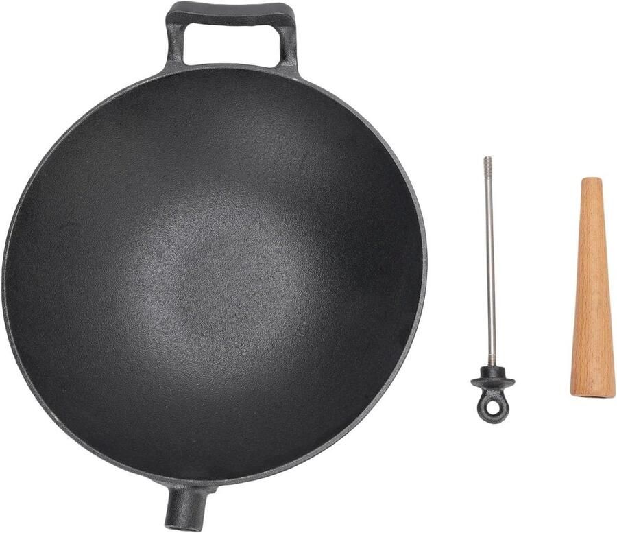 Gietijzeren wokpan Roerbakpan frituurpan Koken op gas inductie Met houten handvat 30 cm diameter