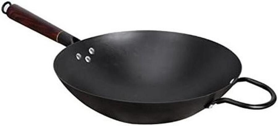 Gietijzeren Wokpan Roerbakpan Handgehamerd Aziatisch Koken Ongecoat Antiaanbak 36cm Diameter Zwart
