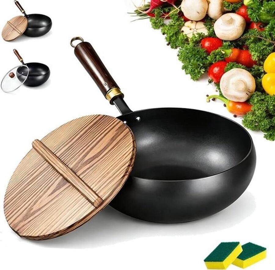 Gietijzeren Wokpan Roerbakpan Koekenpan Gezond Koken Ongecoat Zuiver IJzer 24 cm Houten Deksel