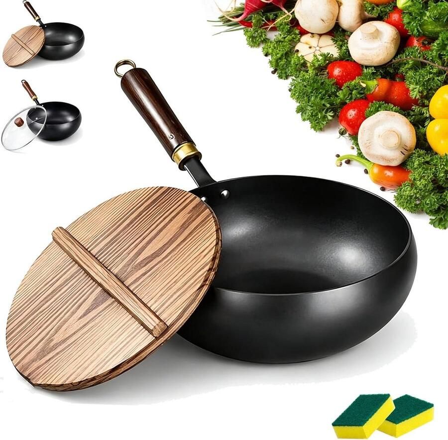 Gietijzeren Wokpan Roerbakpan Koekenpan Gezond Koken Ongecoat Zuiver IJzer 24 cm Houten Deksel