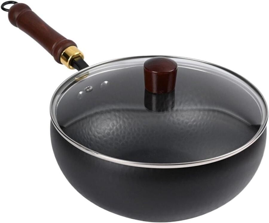 Gietijzeren Wokpan Roerbakpan Met Deksel Authentiek Koken Glad Gepolijst Oppervlak 24 cm Hammerspatroon