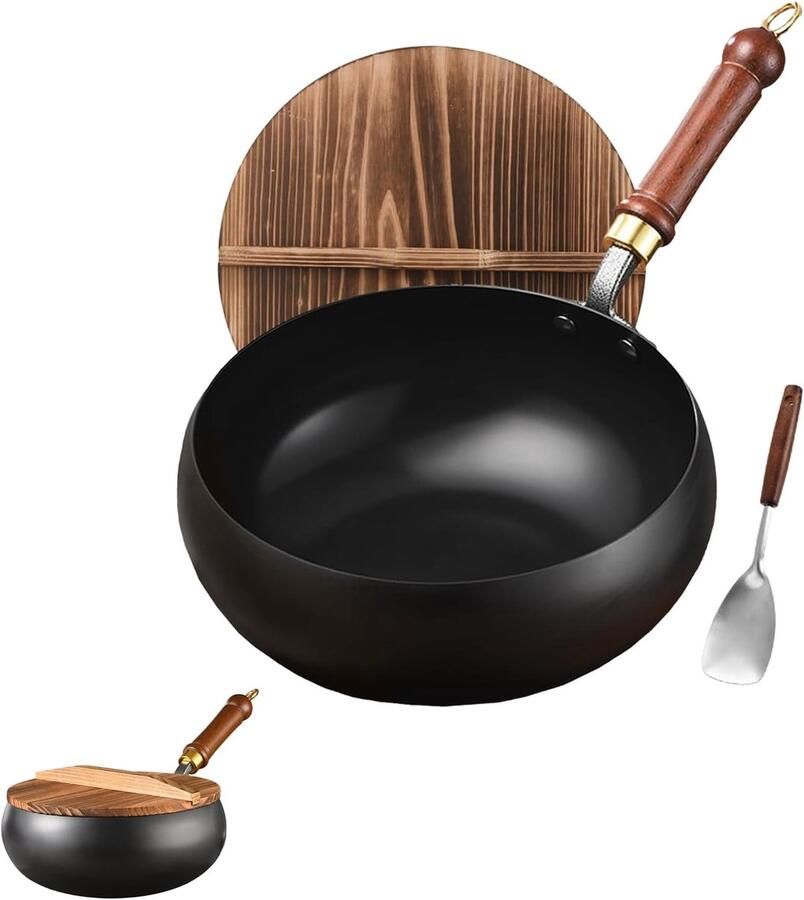 Gietijzeren Wokpan Roerbakpan met deksel Authentiek koken Natuurlijk anti-aanbak 28 cm Zwart