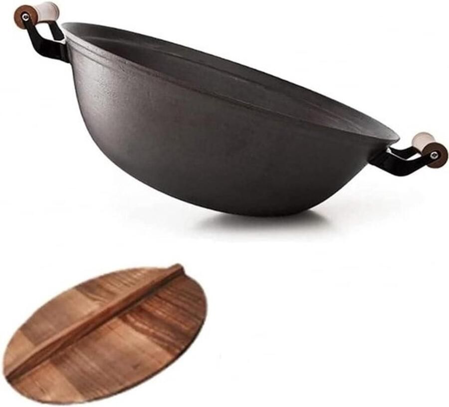 Gietijzeren Wokpan Roerbakpan met deksel Aziatisch koken Snelle warmteverdeling 36 cm Zwart