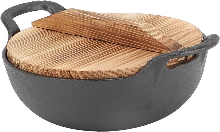 Gietijzeren Wokpan Roerbakpan met deksel Aziatisch koken thuis Voorgekruid oppervlak 36 cm diameter Zwart