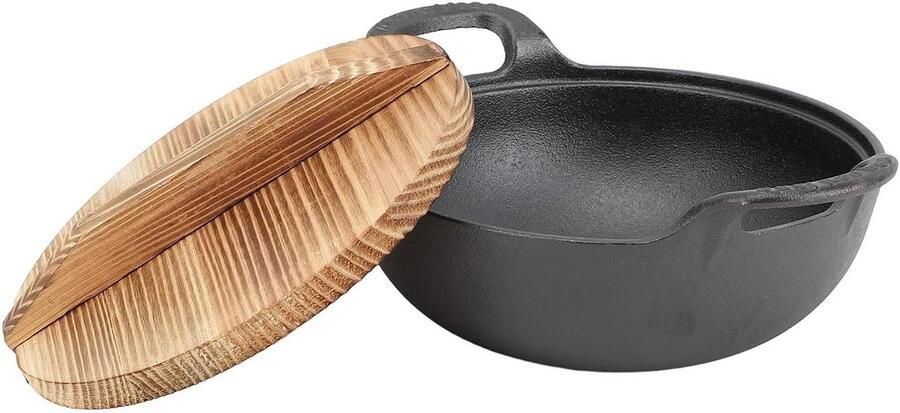 Gietijzeren Wokpan Roerbakpan met deksel Aziatisch Koken Traditioneel ongecoat 20cm Zwart