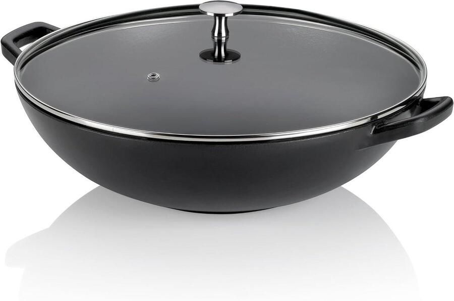 Gietijzeren wok Wokpan met deksel Gezond koken Uitstekende warmteopslag 36 cm Zwart