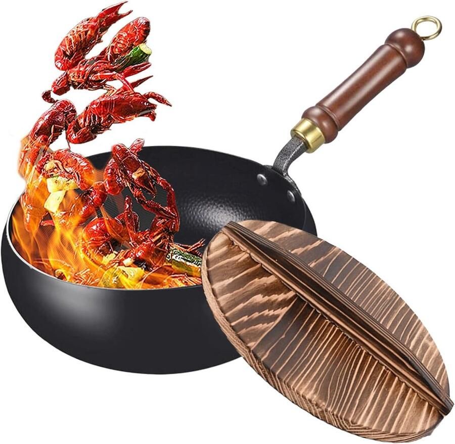 Gietijzeren Wokpan Roerbakpan met deksel Koken in de keuken Handgesmede constructie 24 cm Hammerslag