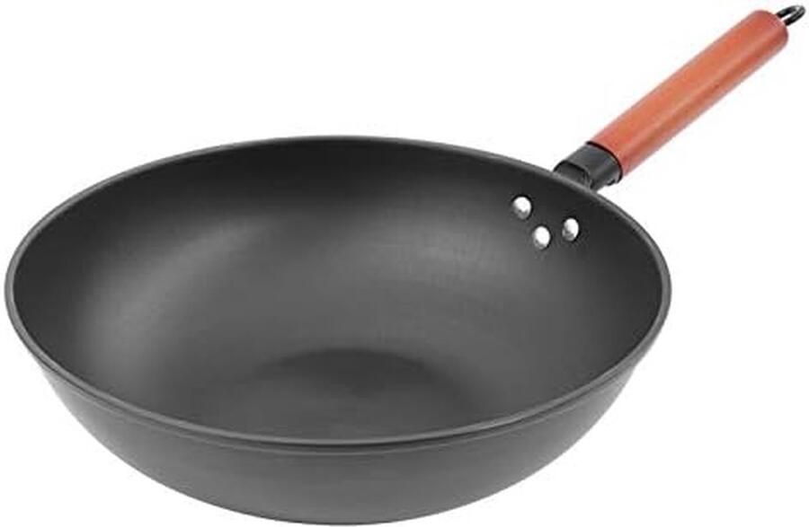 Gietijzeren Wokpan Roerbakpan met Deksel Snel Koken Platte Bodem 32 cm Diameter Zwart
